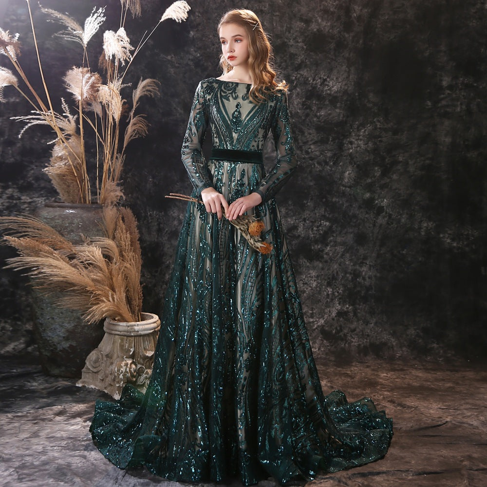 green dress Small Trailing Evening Dress 2022 New Dinner Party Long Style Long Sleeve Dress Cross-Border Dress