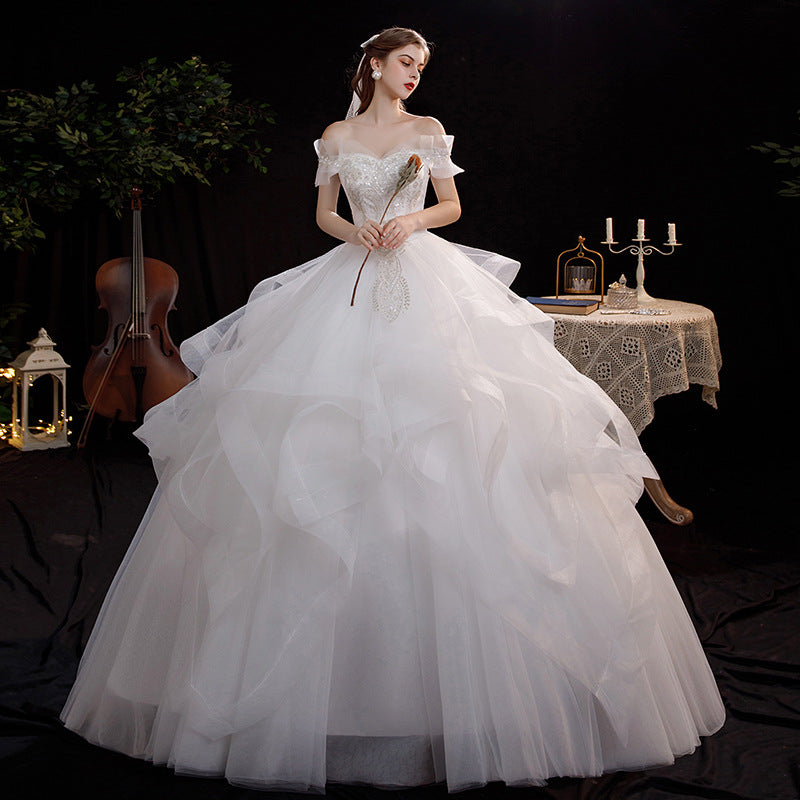 Off shoulder wedding dress fairy dress Primary Wedding Dress 2022 New Bridal off-Shoulder Floor-Length French Simplicity Light Mori Dreamlike Small-Sized Yarn Wholesale C