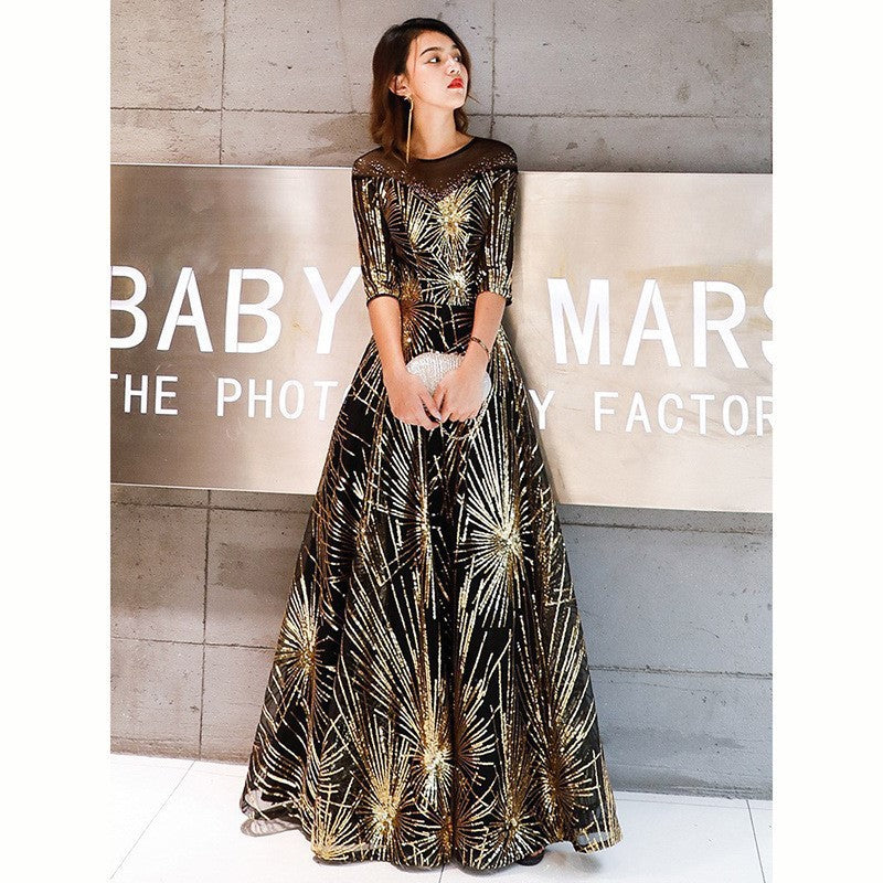 Evening Dress Banquet Skirt Gold Sequined Annual Party Dinner shining long sleeve Performance Costume Black Dance Dresses gala Ball Gown H223