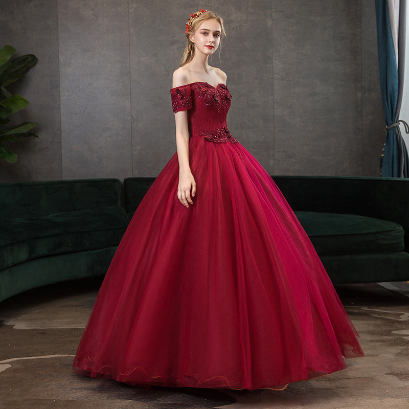 off shoulder dress formal dress evening dress red dress Top Vocal Music Art Test Beauty Sound Performance Pettiskirt Stage Host Annual Party Evening Dress H256