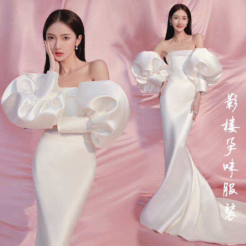 Wedding Dress White Dress Puff Sleeve Satin Fishtail Dress H899