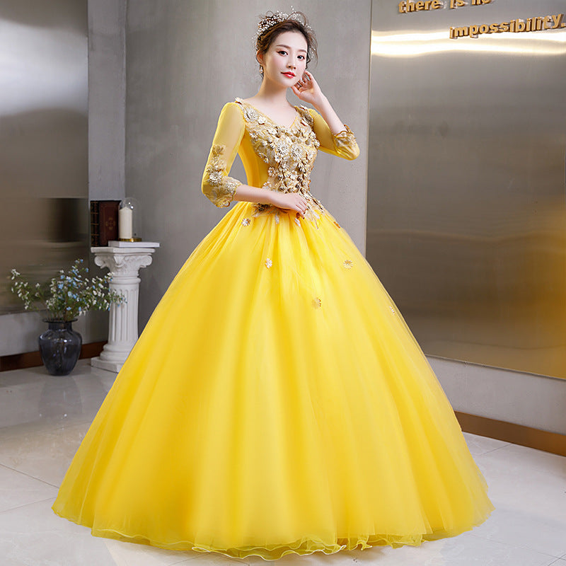 Lemon yellow dress long dress Colored Mesh 2022 New Student Vocal Host Performance Solo Art Exam Clothing Pettiskirt Long Evening Dress for Women