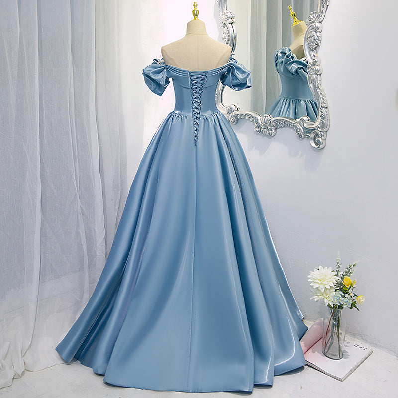 Evening Dress Sky Blue New Blue Color Satin Long French off-Shoulder Host Temperament Costume H293