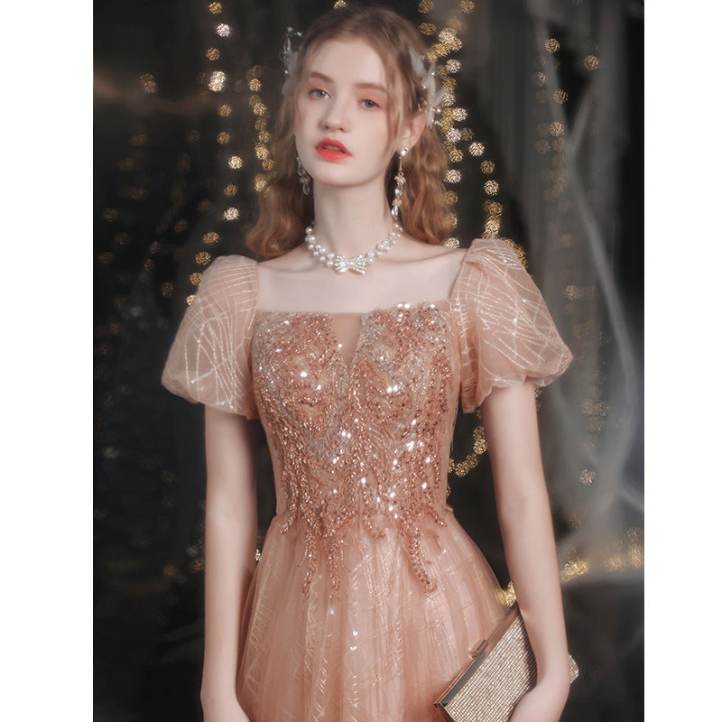 Golden Evening Dress Puff Sleeve Bridal Wedding Toast Dress 2023 Spring New Banquet Catwalk Annual Party Evening Dress H738