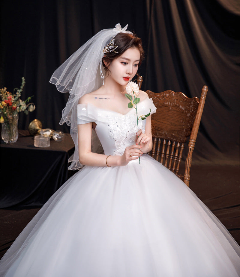 Wedding Dress off-Shoulder V-neck Floor-Length Wedding Dress Square Shoulder Studio Large Size Lace-up Strap White Yarn Slimming Korean Style H892