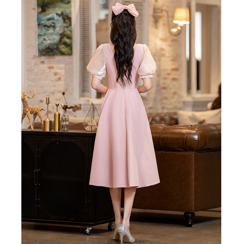 Pink Evening Dress Women's Daily Style Small Dress Engagement Dress High-Grade Bridesmaid Dress Spring and Autumn H289