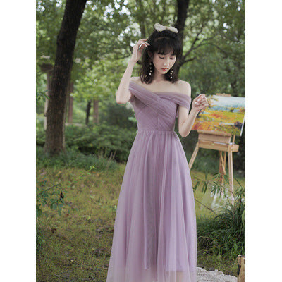 Purple Dress Bridesmaid Dress 2022 New off-Shoulder Bridesmaid Group Sisters' Clothes Graduation Chorus Daily Performance Slimming Dress H756