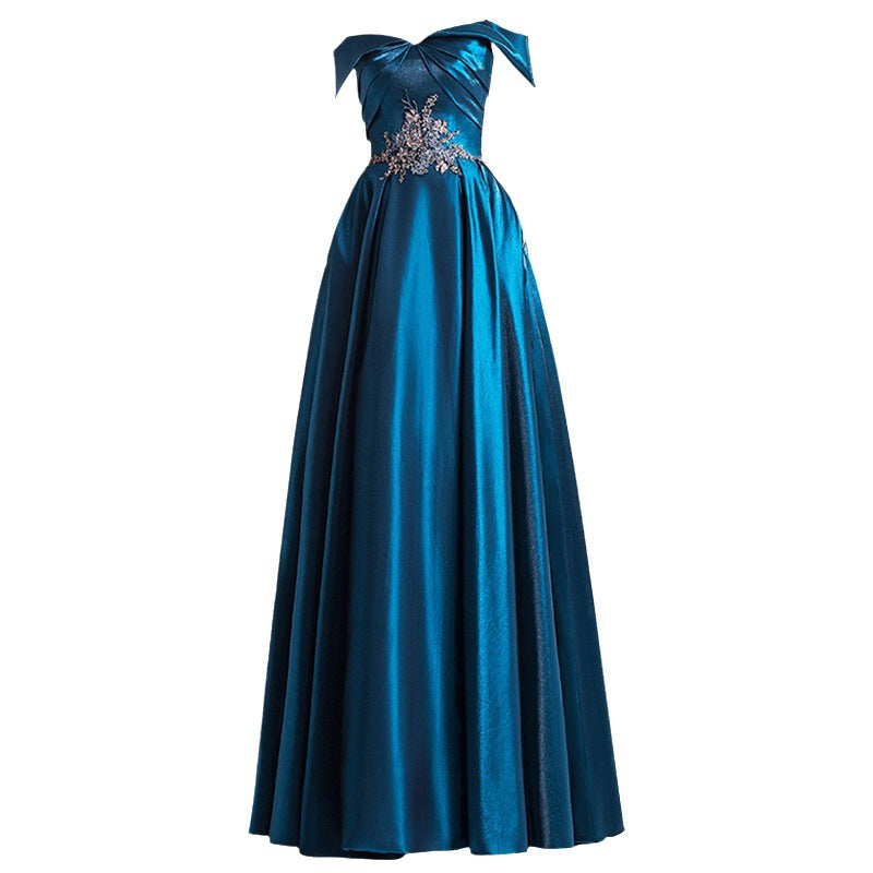 Dinner dress navy peacock blue satin off shoulder evening dress banquet dresses H282