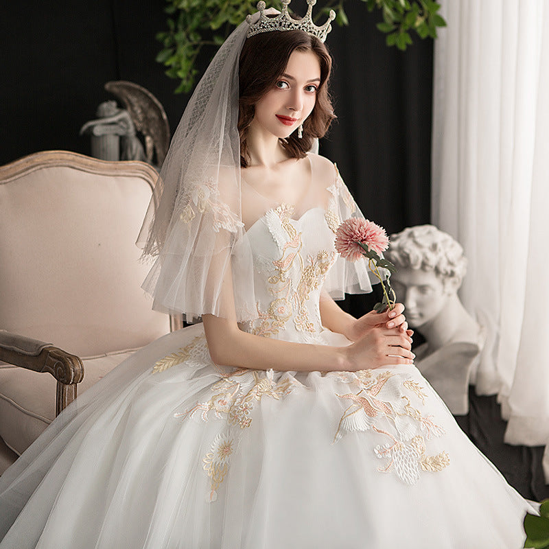 Wedding Dress plus Size off Shoulder Dress Wedding Gown New Light Champagne off Shoulder Flare Sleeve Floor-Length Soft Maternity Arms Hiding Wedding Dress plus Size H880