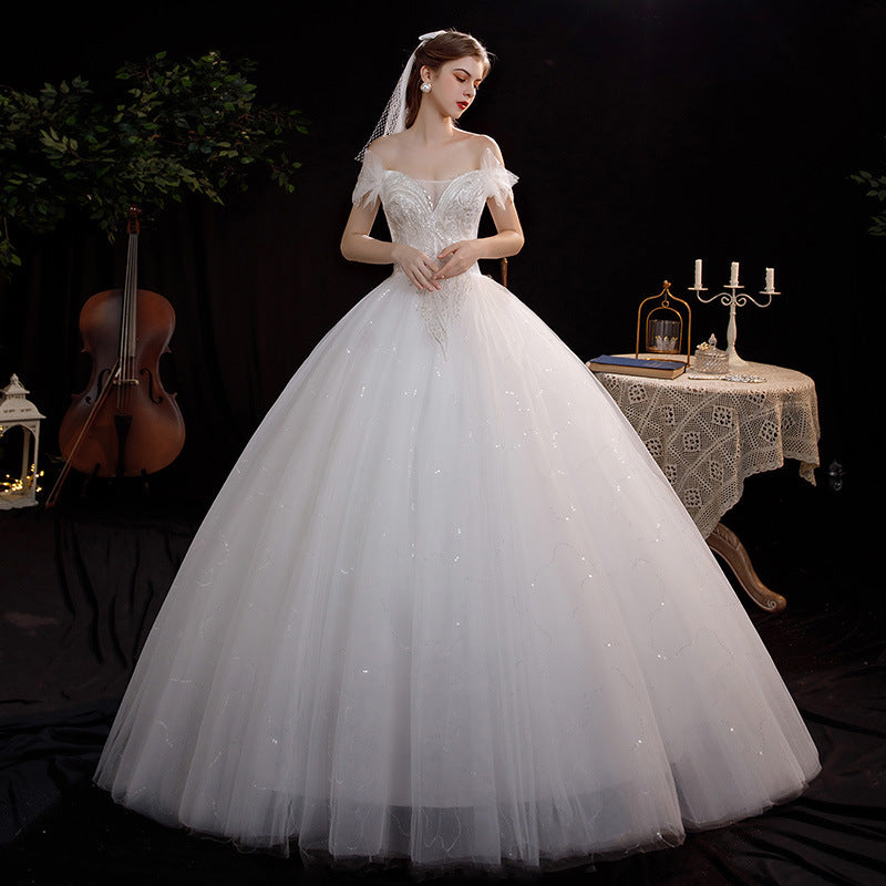 Wedding Dress Transparent Mesh Wedding Dress Sequins Waist Trimming Lace up Wedding Dress H290