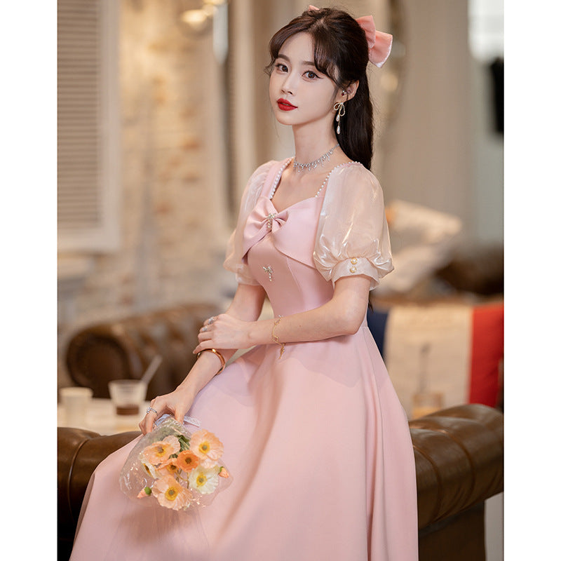 Pink Evening Dress Women's Daily Style Small Dress Engagement Dress High-Grade Bridesmaid Dress Spring and Autumn H289