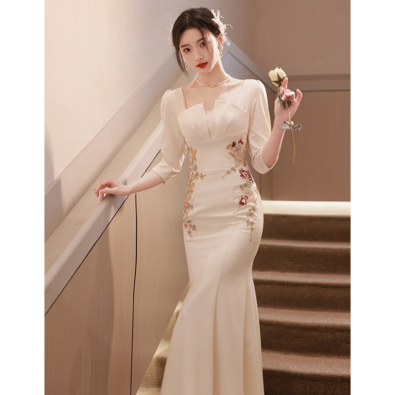 Champagne Evening Dress for Women Banquet Temperament Host Fishtail Dress Square Collar Dress H885