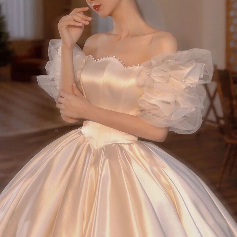 Wedding Dress Satin Bridal off-Shoulder Retro French Puff Sleeve Trailing H283