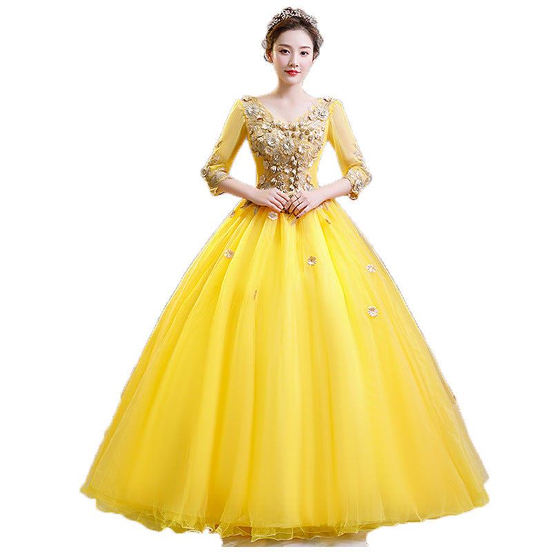 Lemon yellow dress long dress Colored Mesh 2022 New Student Vocal Host Performance Solo Art Exam Clothing Pettiskirt Long Evening Dress for Women