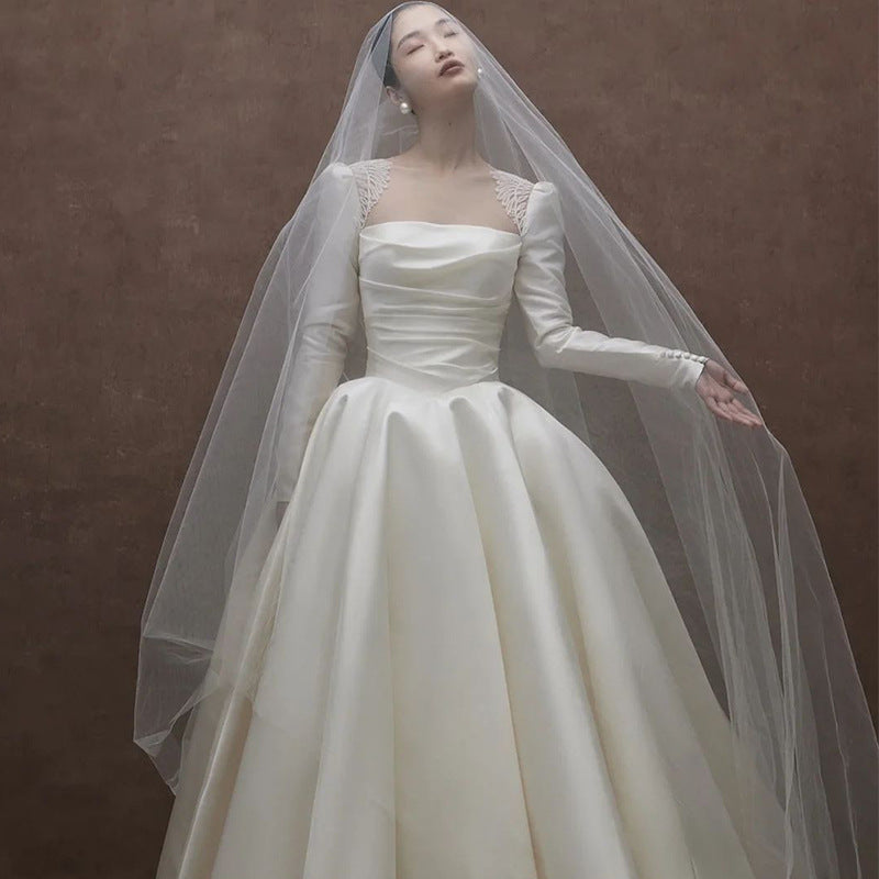 Satin Wedding Dress Bride 2022 New Main Yarn Retro Light Wedding Dress Advanced Wedding Veil Small Long Sleeve Winter dress LAS479