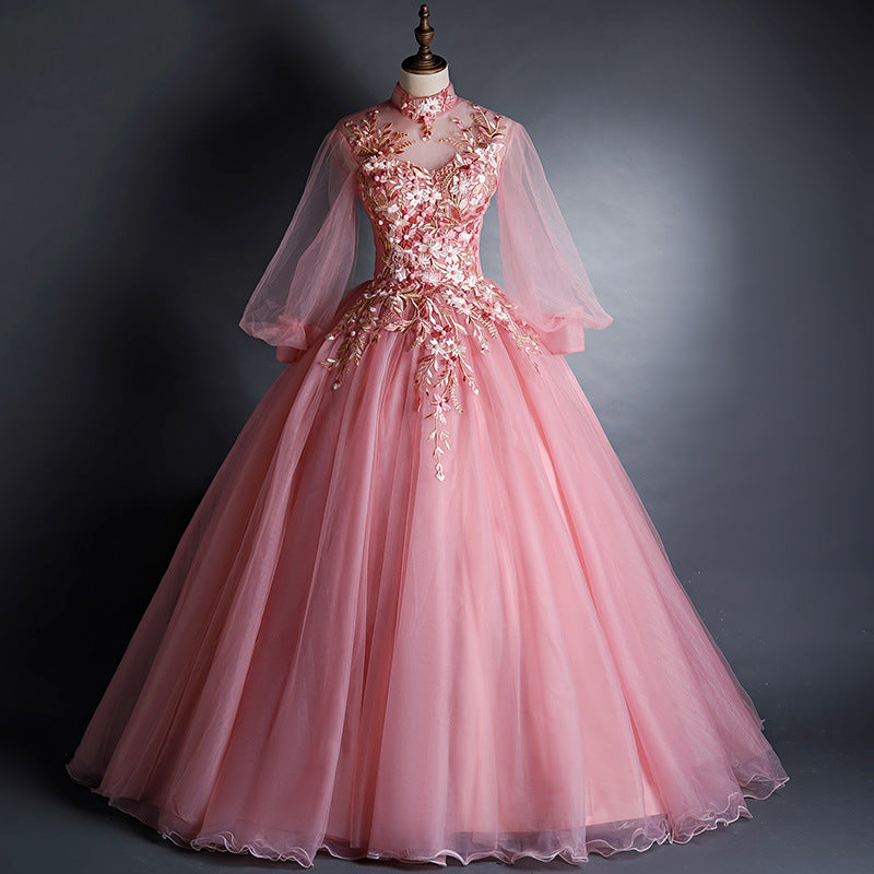 Ball Gown Long Sleeve Colored Mesh Host Performance Pink Princess Dress Solo Art Exam Tulle Tutu Long Evening Gown Female H2839