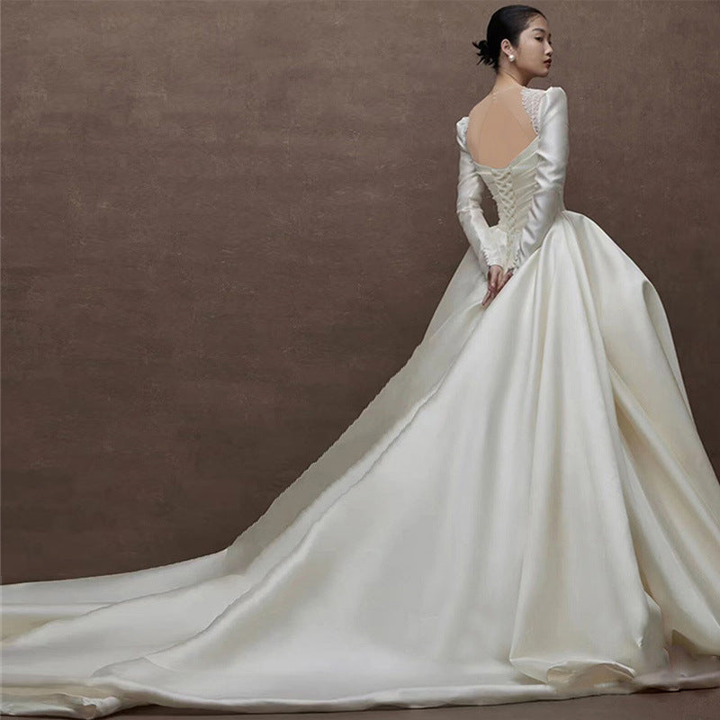 Satin Wedding Dress Bride 2022 New Main Yarn Retro Light Wedding Dress Advanced Wedding Veil Small Long Sleeve Winter dress LAS479