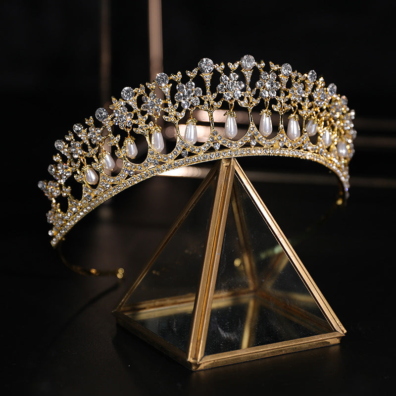 Hair crown golder color Bridal Crown Pearl Rhinestone Electroplated Zinc Alloy Delicate Bridal Headdress Bridesmaid Headband Crown Wedding Crown LAS392