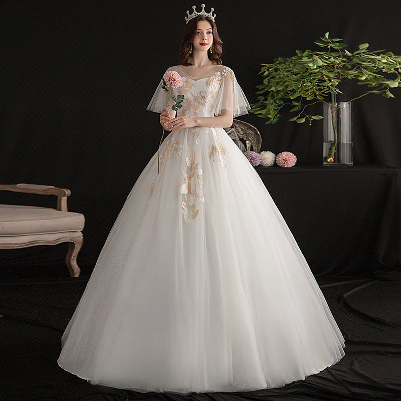 Wedding Dress plus Size off Shoulder Dress Wedding Gown New Light Champagne off Shoulder Flare Sleeve Floor-Length Soft Maternity Arms Hiding Wedding Dress plus Size H880