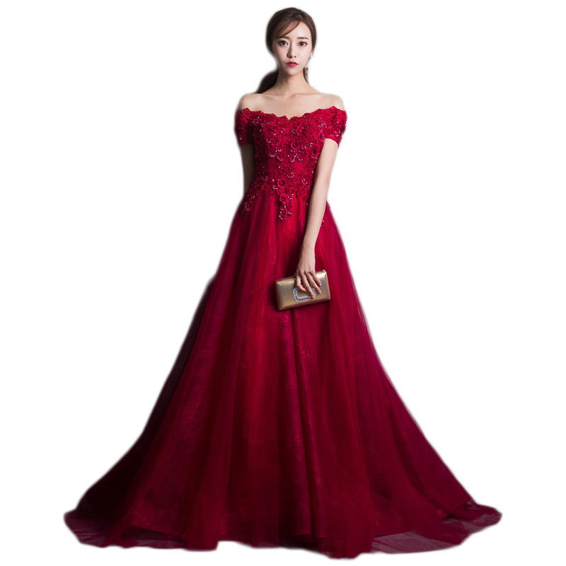 Toast Dress Wine Red 2022 New Summer Wedding Dress Banquet Bridal Evening Dress Elegant Engagement Long off-Shoulder dress muslimah