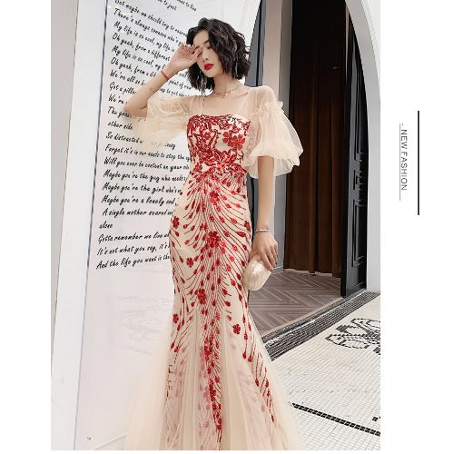 Fishtail Evening Dress Female Temperament Queen Banquet Noble Temperament Long Socialite Fairy Dream Mori Style Host LAS431