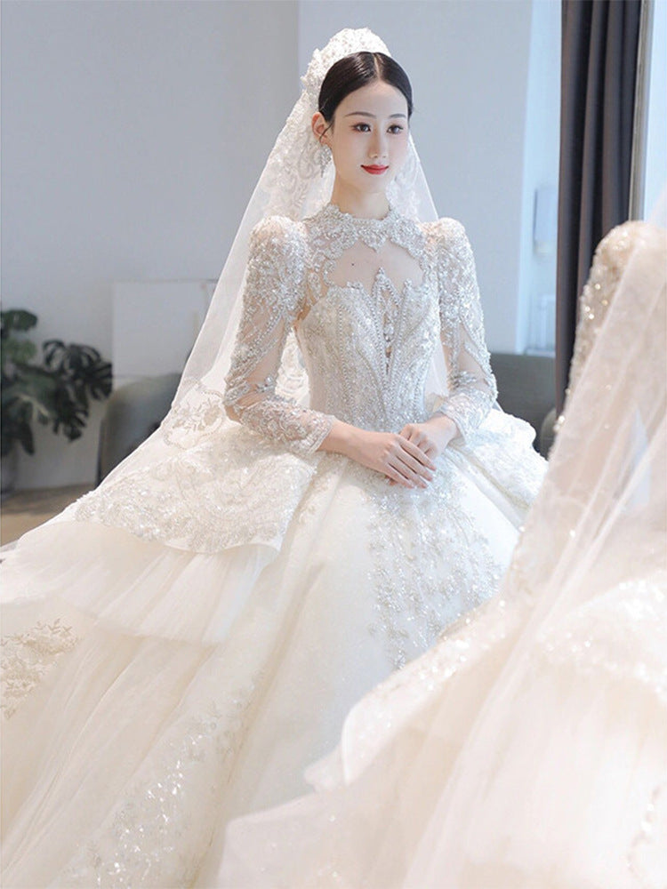 Long Sleeve Wedding Dress 2022 New Bridal Palace Style Main Yarn Large Tail Heavy Industry French Texture Wedding Dress