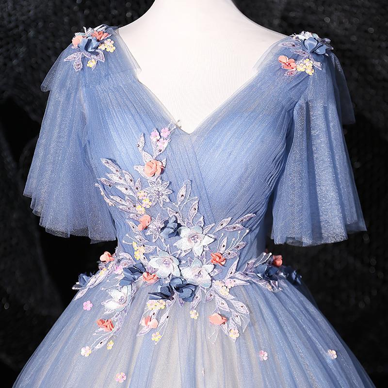 Haze Blue sky blue dress floral dress flower dress wedding Dress Women's Long Beauty Tutu Dress Stage Host Hostess Performance Costumes Bottoming Dress LAS372