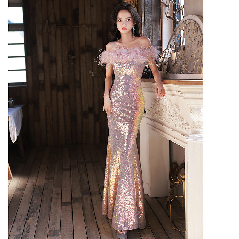 party dress evening dress Sequined Evening Dress 2022 New off-Shoulder Tube Top Two-Way Wear Annual Meeting Host Fishtail Vocal Music Art Test Performance Costume