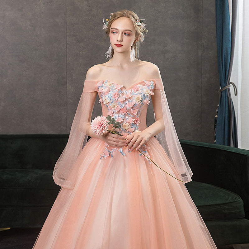 Pink long dress Colored Mesh 2022 New Banquet Host Long Pettiskirt Wedding Women's Evening Dress Wholesale