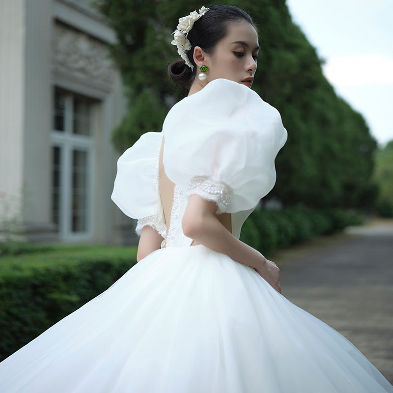 Satin Main Wedding Dress Bridal Elegant French Retro Small Simple Large Tail Graceful Puff Sleeve H280