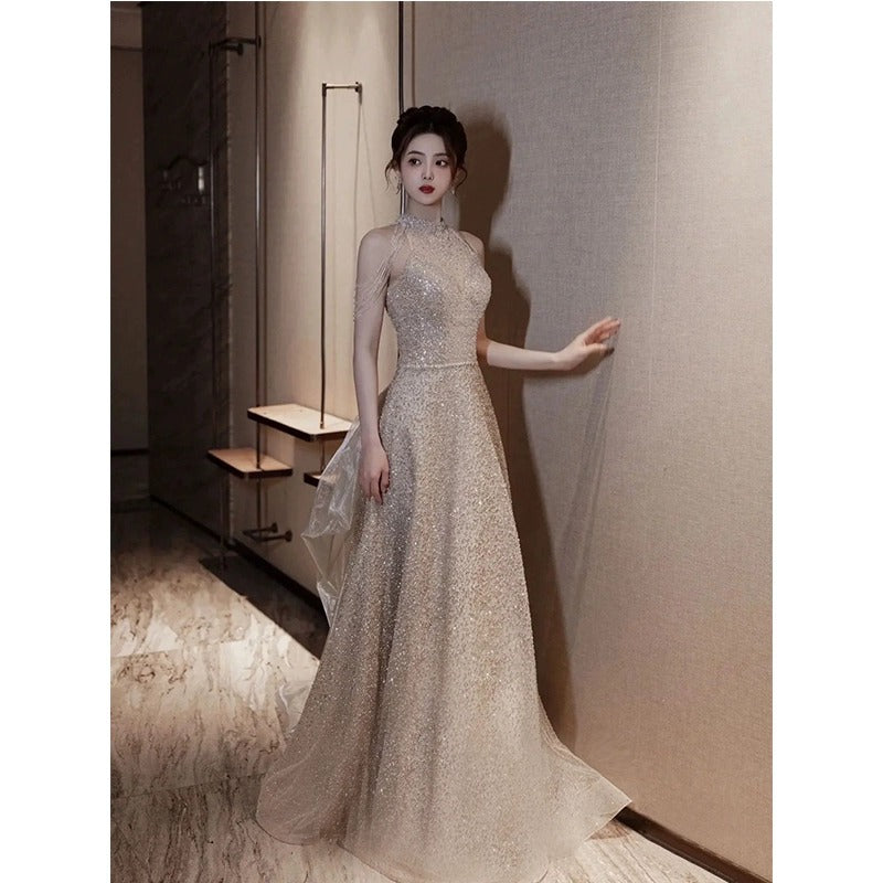 Evening Dress Golden party ball gown Birthday Banquet maxi dresses gala H765