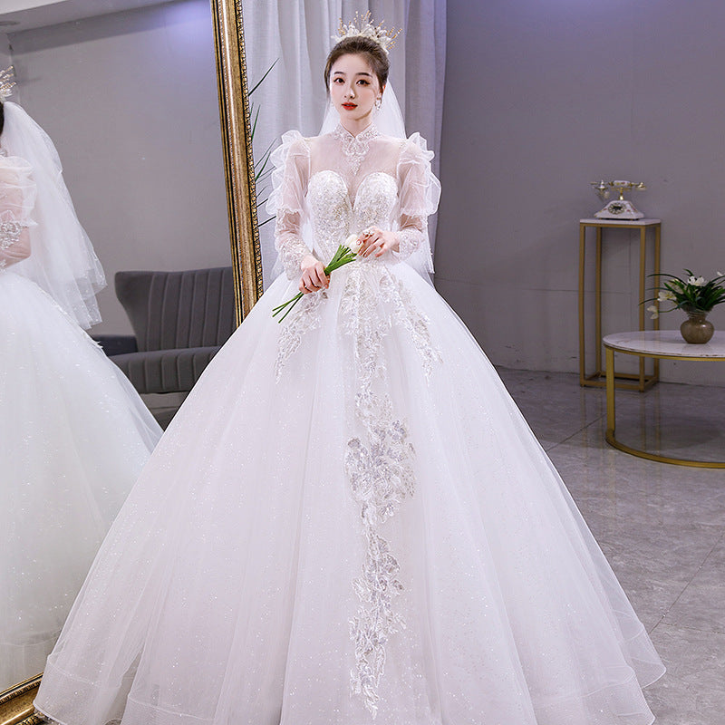 wedding dress long sleeve dress French Style Wedding Dress 2022 Autumn New Bridal Hepburn Court Style Small Arms Hiding Stand Collar Floor-Length Wedding Dress LAS405