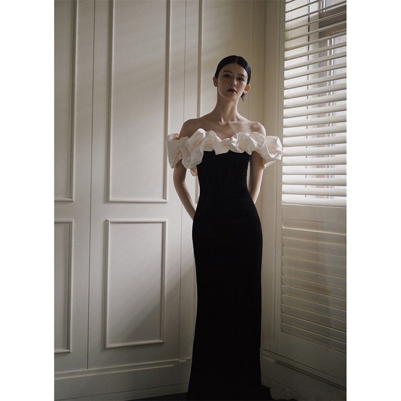 off-Shoulder Black Evening Dress Flower Fishtail Dress Socialite High-End Temperament Fishtail Dress Welcome Host Annual Meeting H156