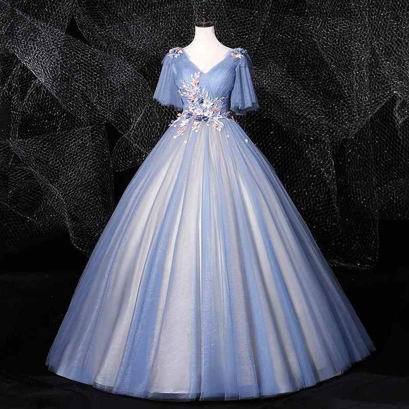 Haze Blue sky blue dress floral dress flower dress wedding Dress Women's Long Beauty Tutu Dress Stage Host Hostess Performance Costumes Bottoming Dress LAS372