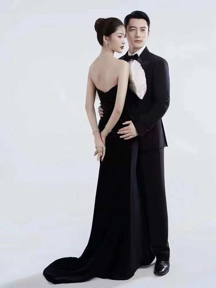 Wedding Dress Fashion Simple Couple Photography Black Sleeve Velvet Gown off Shoulder H890