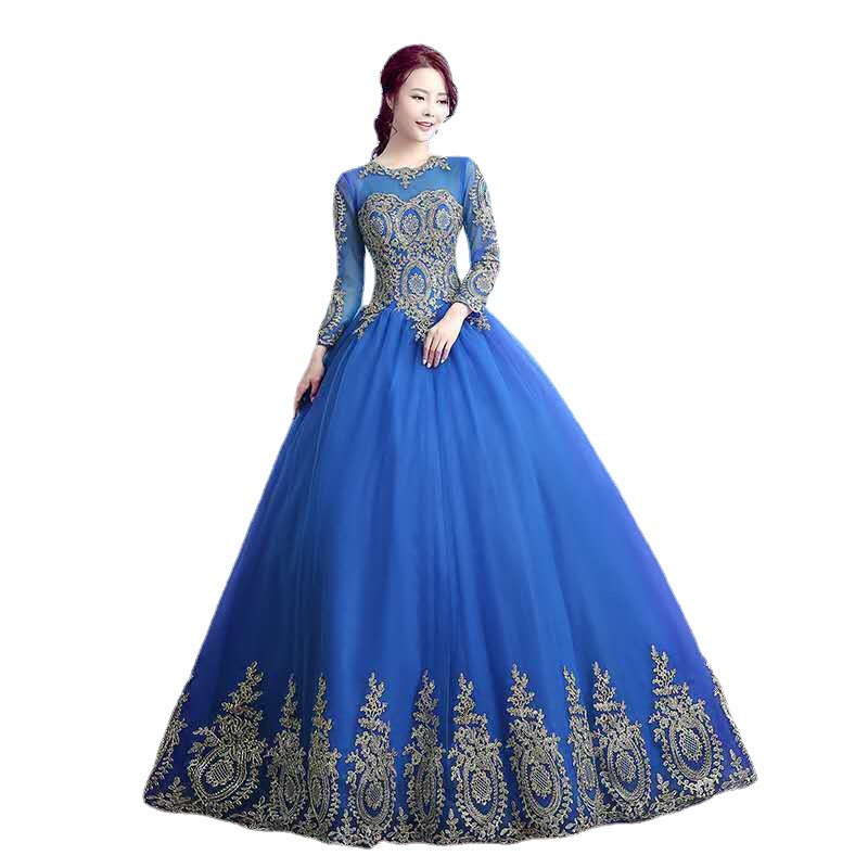 Blue dress Women's Long Colored Mesh Studio Bride Banquet Host Evening Dress Solo Art Exam Performance Dress Pettiskirt