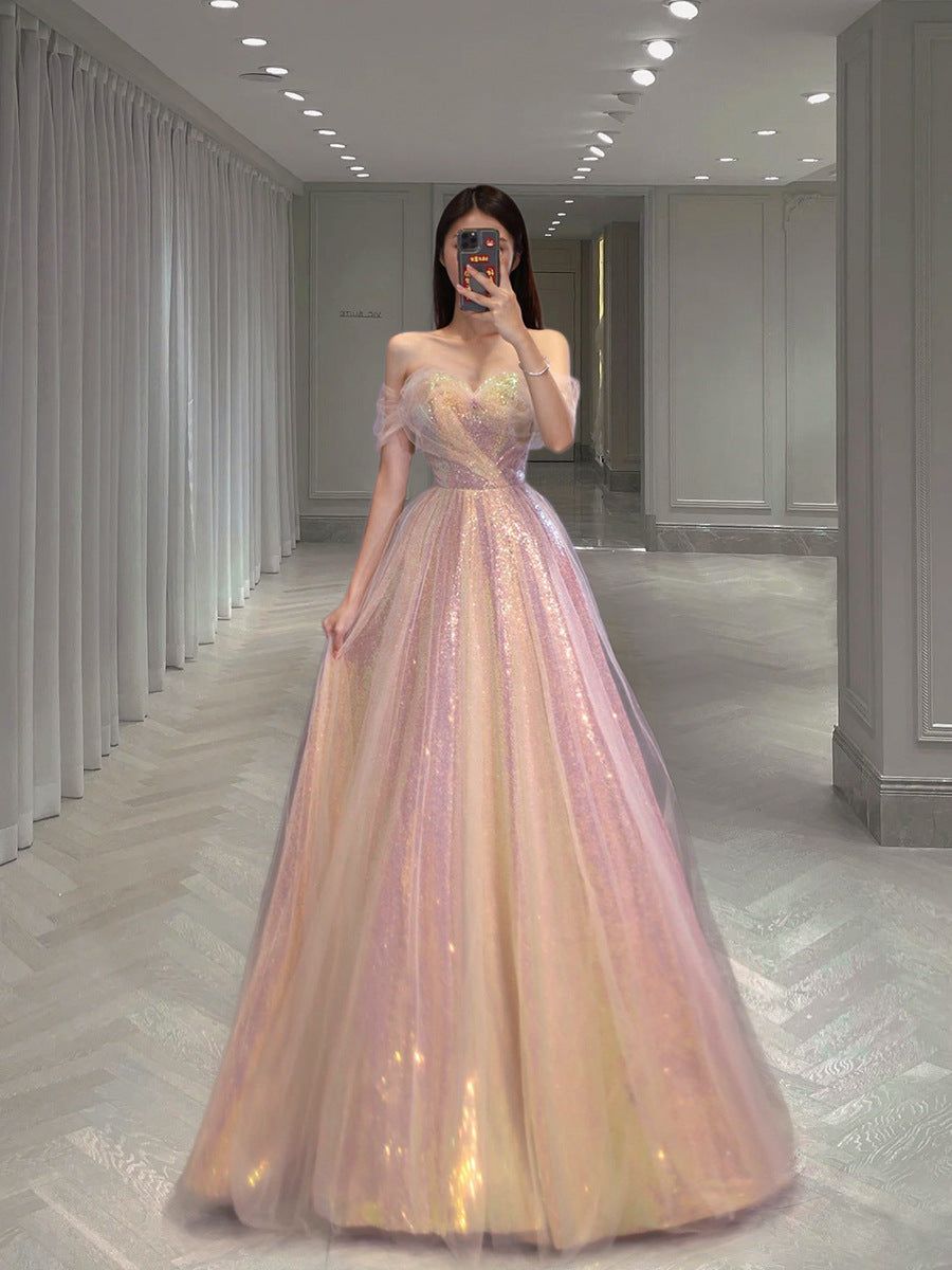 Wedding Dress Bridal Toast Dress Court off-Shoulder Starry Sequins Annual Meeting Stage Performance  Evening Dress Pile Style Sleeve Length Dress