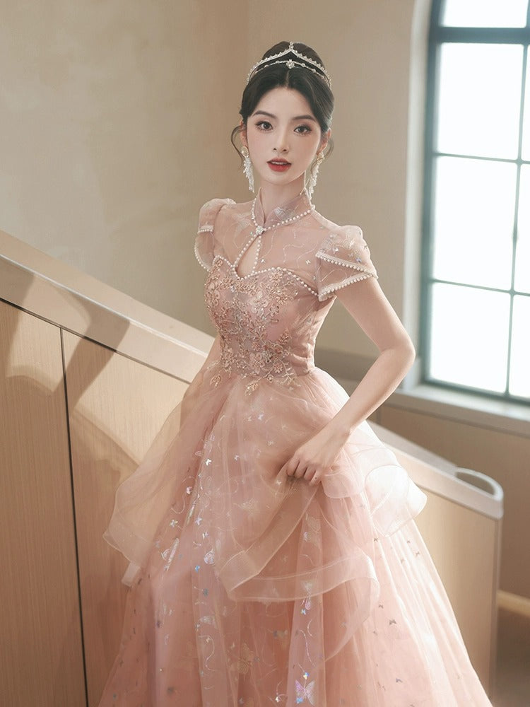 Pink Evening Dress Chinese style retro gown High-End Princess Vocal Music Art Test Performance Dresses gala H577