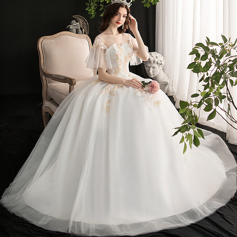 Wedding Dress plus Size off Shoulder Dress Wedding Gown New Light Champagne off Shoulder Flare Sleeve Floor-Length Soft Maternity Arms Hiding Wedding Dress plus Size H880