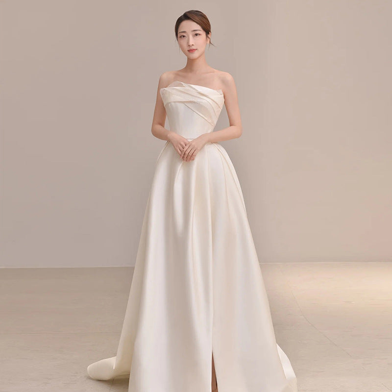 Satin Wedding Dress Bride 2022 New Main Yarn Retro Light Wedding Dress Advanced Wedding Veil Small Long Sleeve Winter dress LAS479