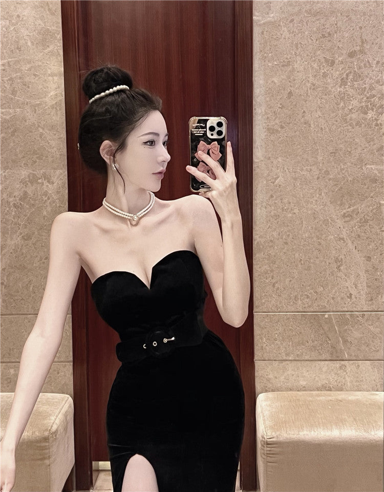 Dinner dress Black Dresses party gown silk Women's French Hepburn Style Waist-Tight Sexy Velvet Strapless Dress Oversleeves