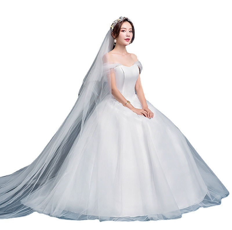 Wedding dress Bridal dresses white lace veil Floor-Length Wedding Dress Simple Korean Style off shoulder H8009