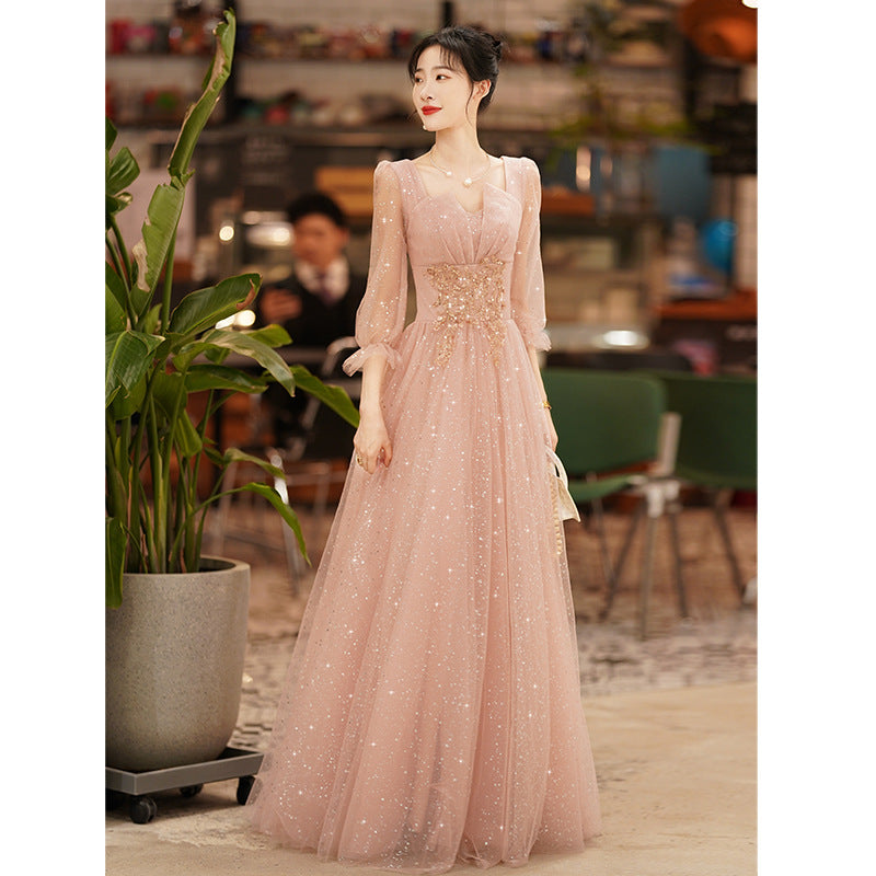 Pink Evening Dress for Women 2022 New Banquet Temperament Socialite French Evening Dress for Host Dignified and Elegant Dress