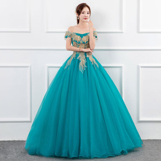 green dress blue dress lace wedding dress Solo Performance Costume Pettiskirt Long Host Art Exam Meisheng Annual Meeting off-Shoulder Evening Dress Slim Studio Theme