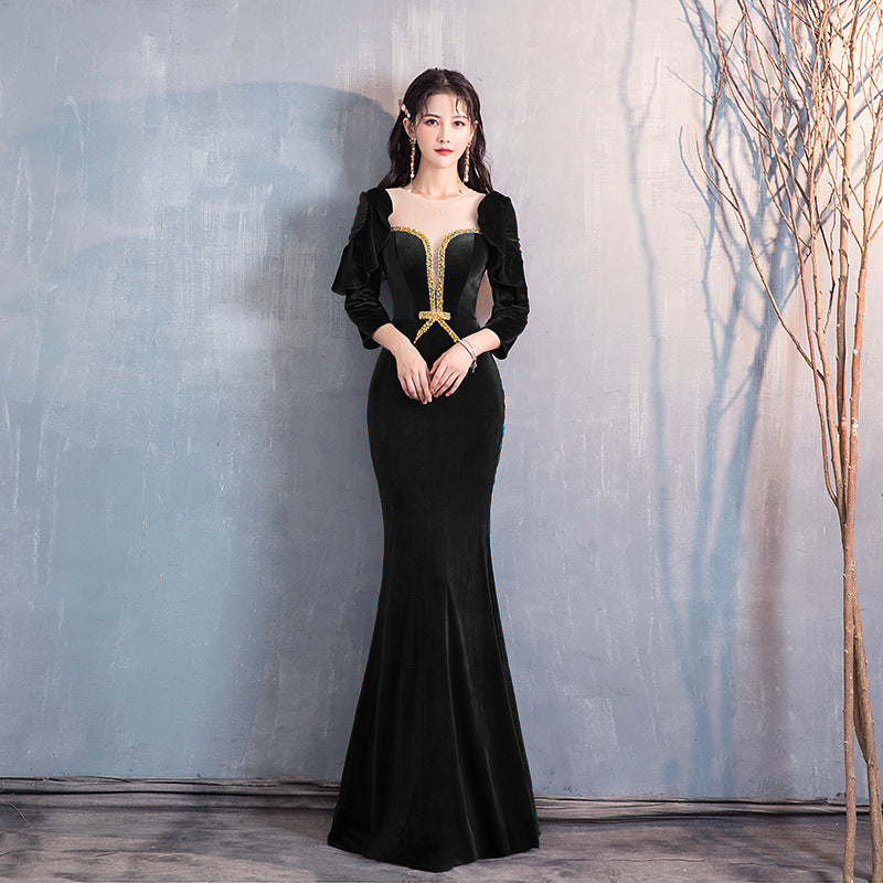 Green Blue dress Evening Dress Velvet Women's 2020 New Super Fairy Banquet Temperament Autumn and Winter Long Sleeve Host Long Show Fishtail Skirt