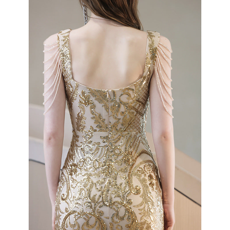 Golden dress for dinner Fishtail Evening Dress 2023 New Elegant Elegant Lady Host Banquet Party Party H268