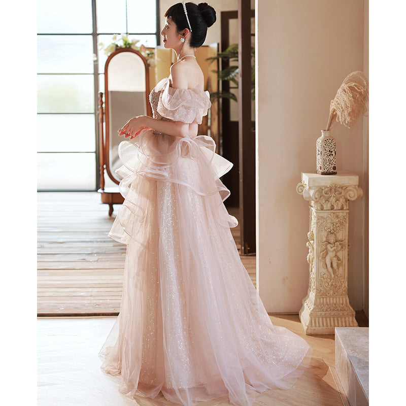 Dinner dress lace maxi dress formal prom gown long sleeve prom formal Pink Evening Dress off-the-Shoulder Gown Fairy H831