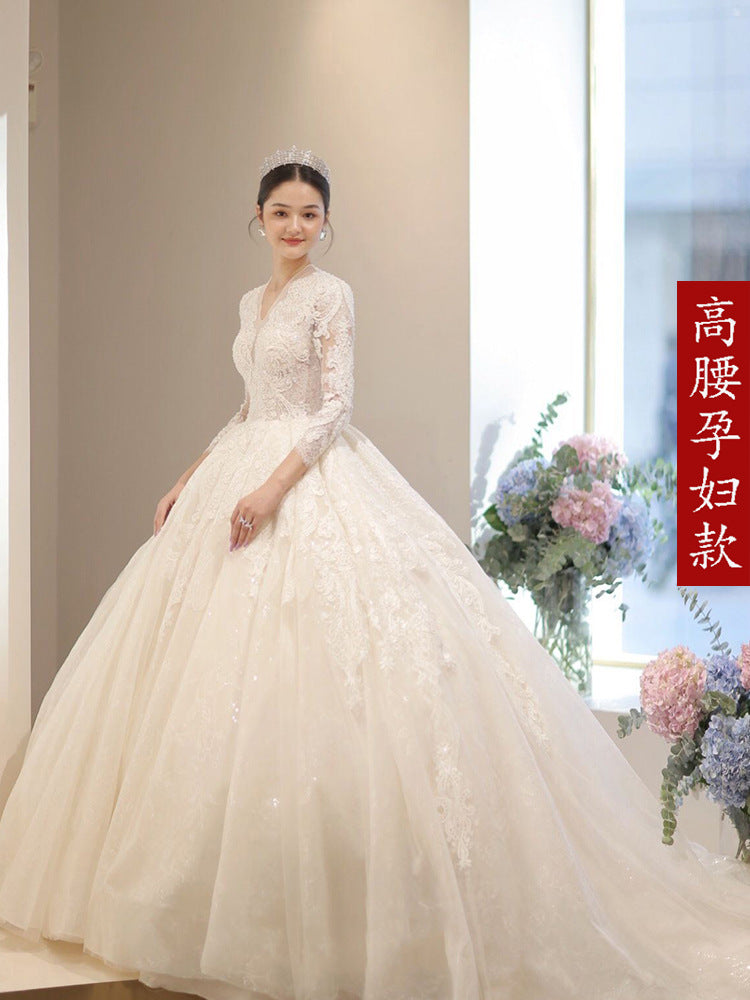 Bridal Wedding Dress2022NewvCollar Long Sleeve Trailing Court Style High-End Large Size Pregnant Women Light Yarn SmallD87