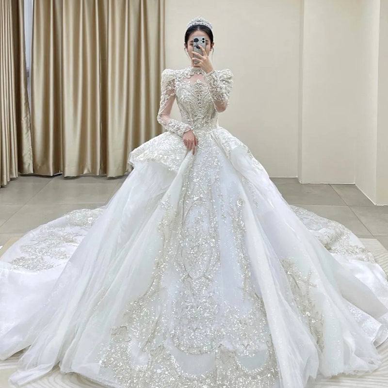 Wedding Dress Bridal dresses gala Bride veil Long Sleeve shining sequin trailing French Style Retro Luxury High-End High-End Dinner gown H920