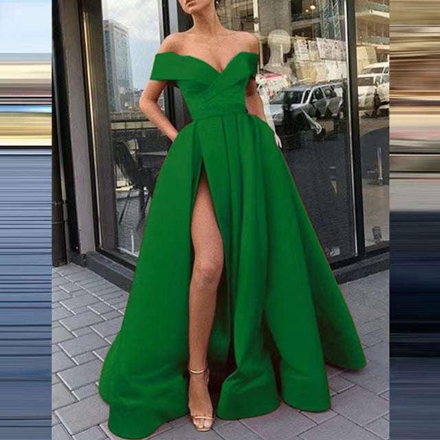 Party Dress satin black red off shoulder dinner dresses gala gown Women's European and American Style 2023 Cross-Border New Arrival Sexy Deep V Solid Color High-End Satin Banquet Evening Dress